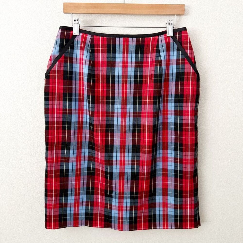 HANNA ANDERSSON | Plaid Pencil Skirt Straight Grosgrain Trim Red Blue | Size 13